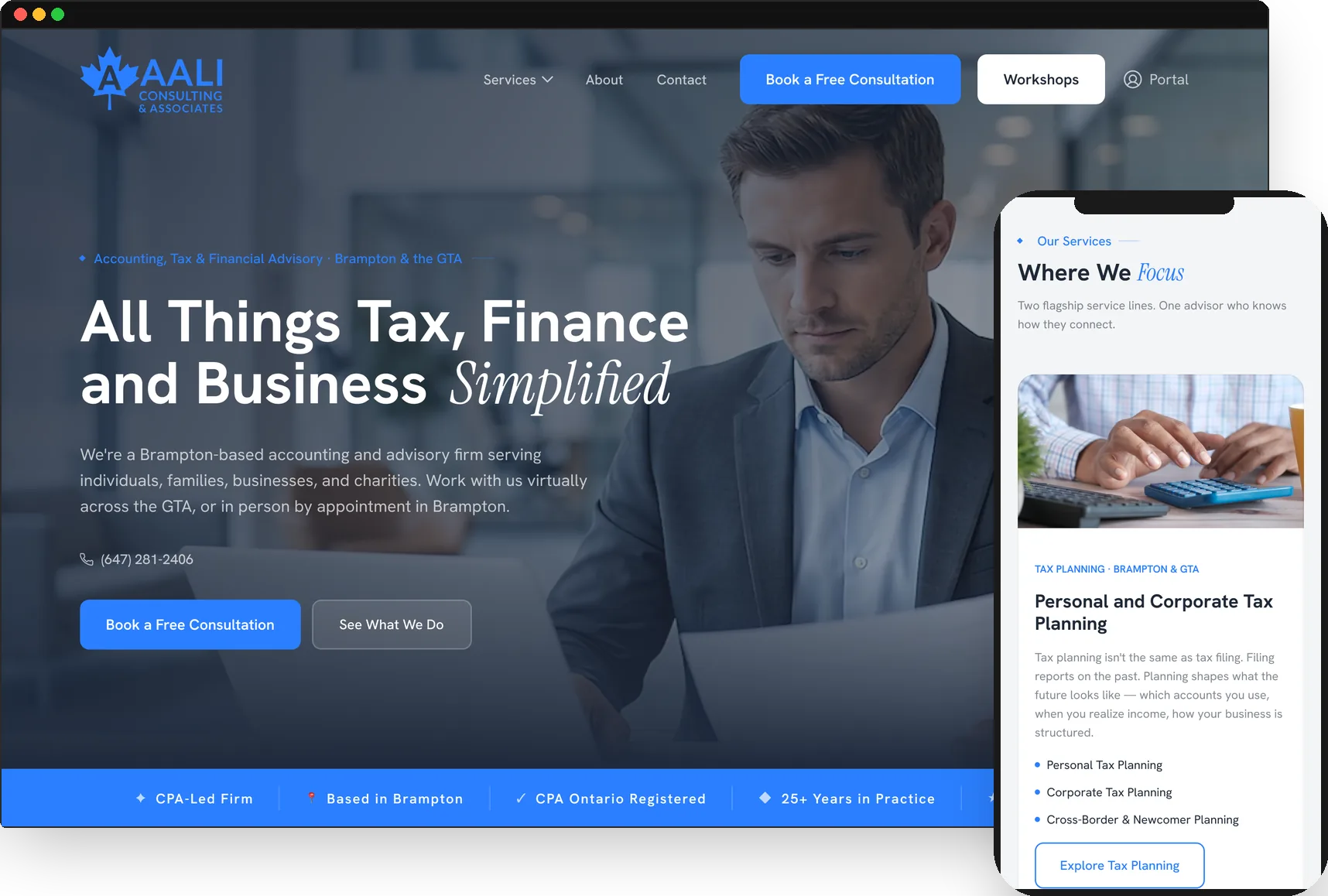 AALI Consulting homepage redesign shown on desktop and mobile