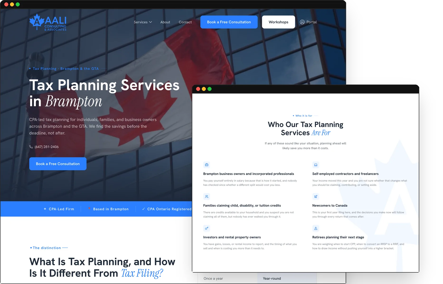 AALI Consulting service pages — tax planning in Brampton, desktop mockups