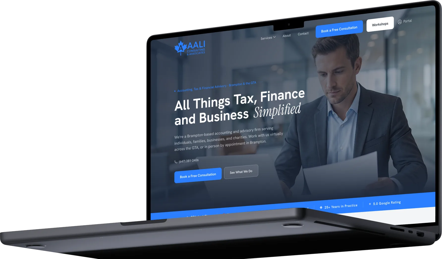 AALI Consulting website redesign on a MacBook — “All things tax, finance and business simplified”