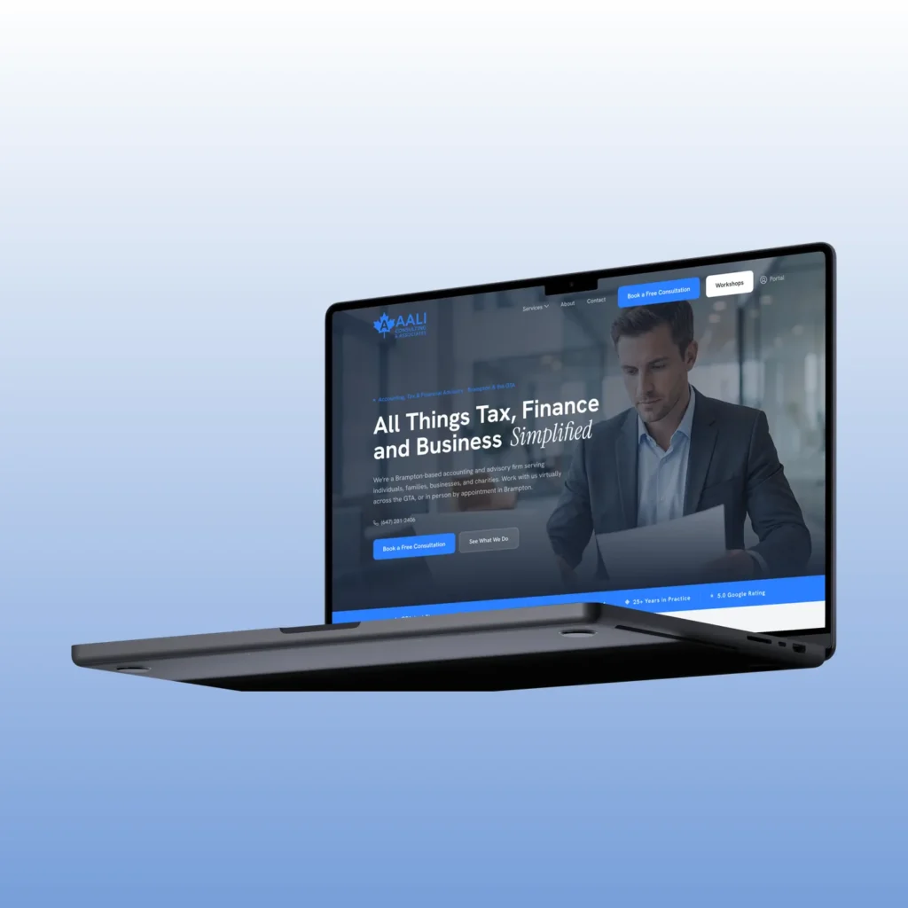 AALI Consulting — tax and finance website redesign shown on a MacBook