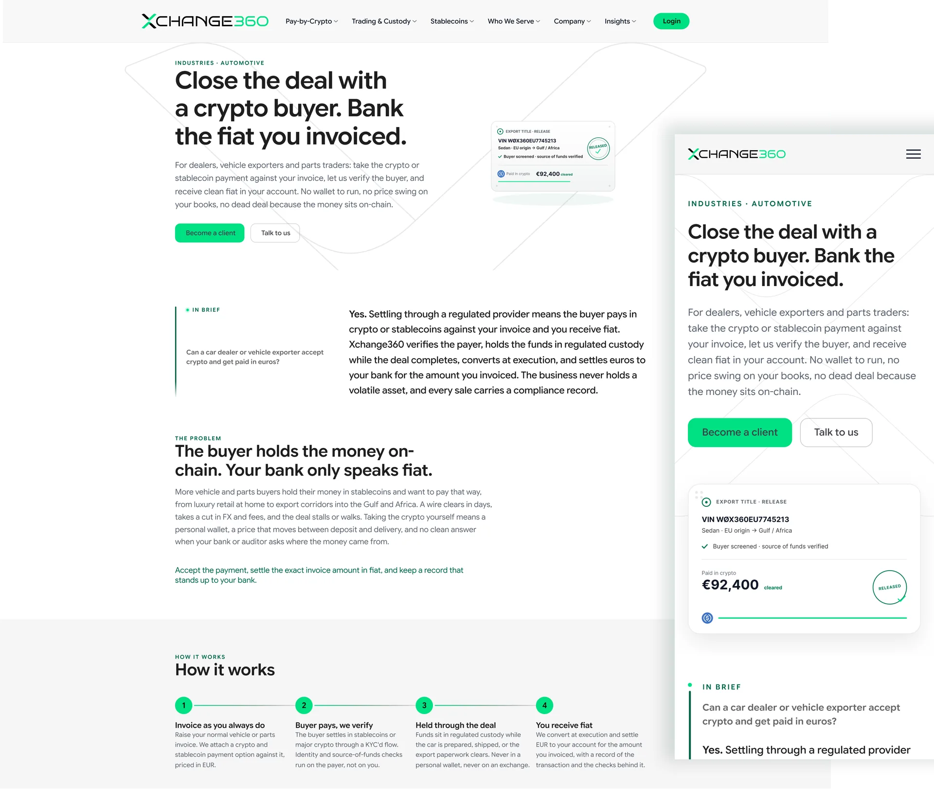 XCHANGE360 industry page before the redesign — desktop and mobile views
